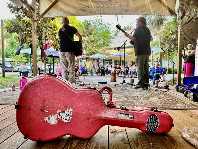 an outdoor space with furniture