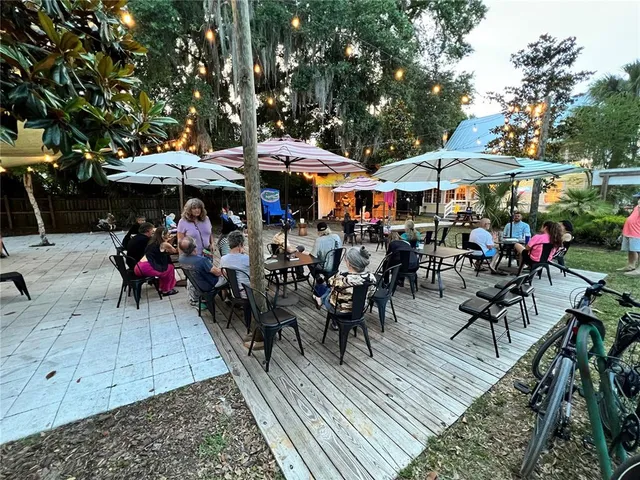 an outdoor space with seating space