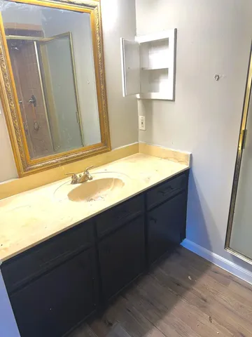 a bathroom with a sink and a mirror