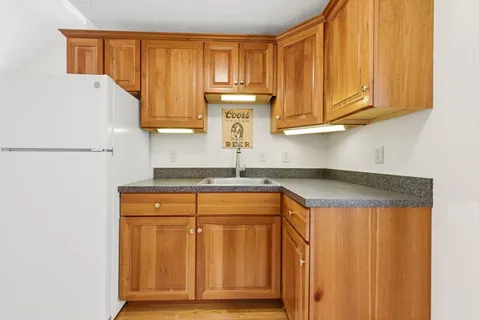 a kitchen with a sink a refrigerator and cabinets
