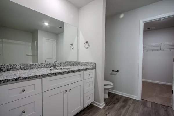 a bathroom with a granite countertop toilet sink and mirror