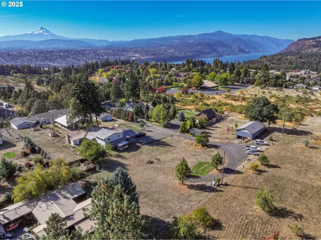 a view of a city with mountains in the background