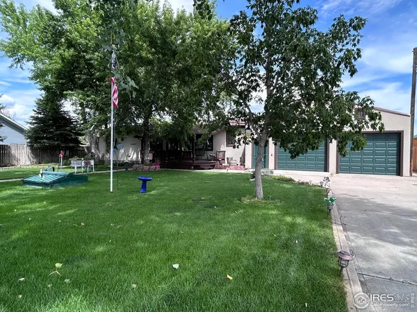 a garden with trees in the background