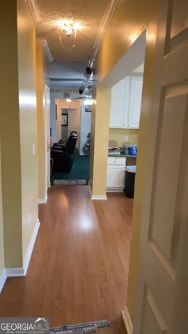 a view of entryway and hall with wooden floor