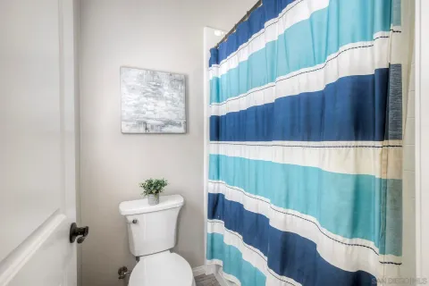 a bathroom with a toilet a sink and wooden floor