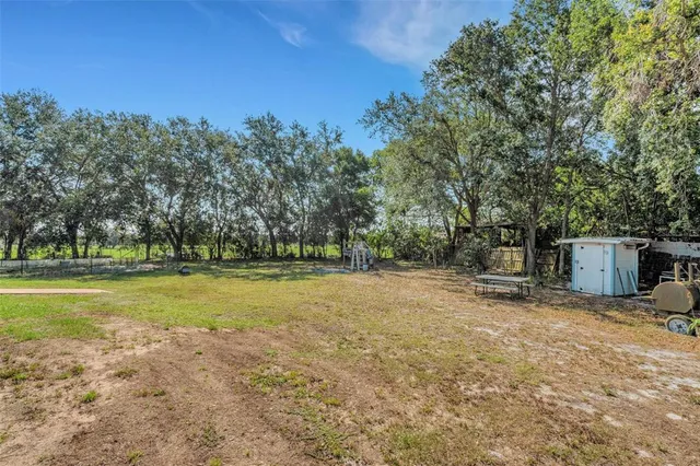 a view of a field with trees in the background