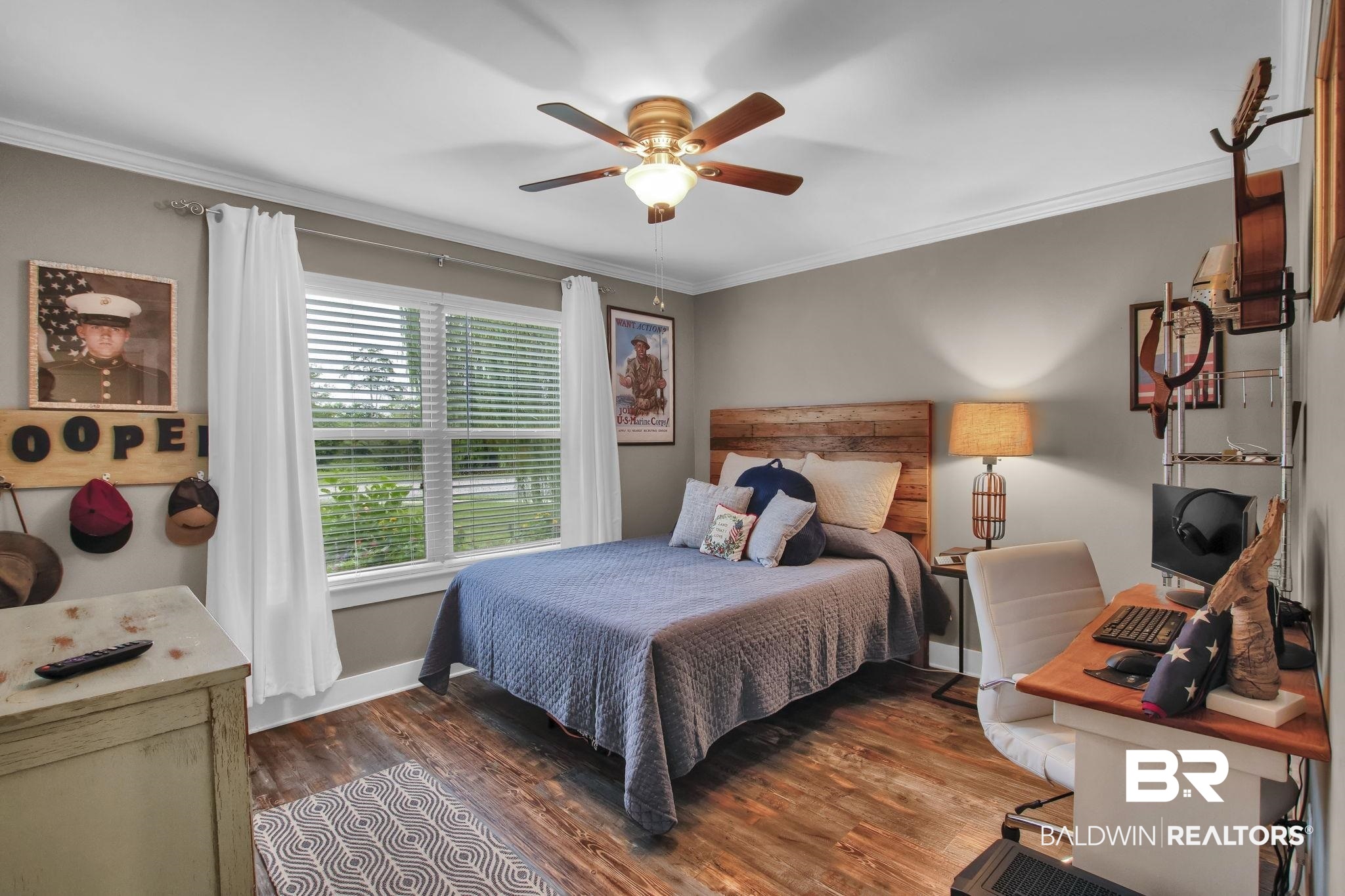 203 Lakefront Circle Summerdale, AL 36580 - Photo 42 of 69 Bedroom featuring crown molding, dark hardwood / wood-style floors, and ceiling fan