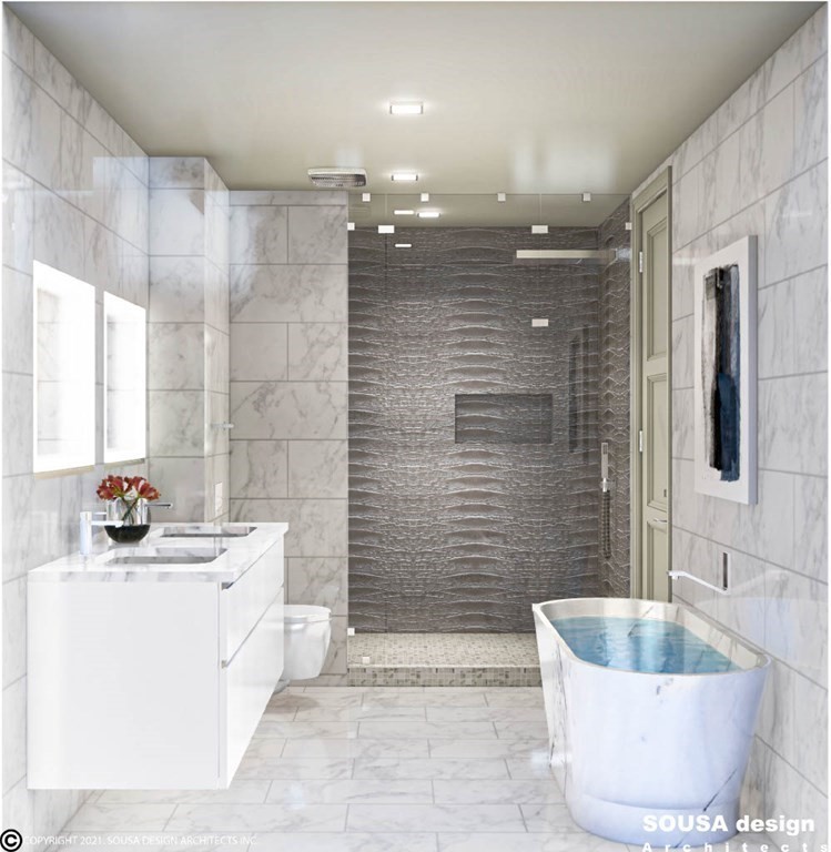 50 Stearns Road, Unit 1 Brookline, MA 02446 - Photo 5 of 7 a bathroom with a granite countertop sink a toilet a mirror and shower