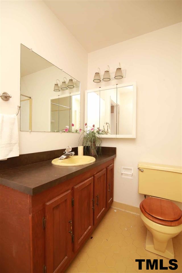 411 East Rowan Street Raleigh, NC 27609 - Photo 16 of 25 a bathroom with a granite countertop sink toilet and a mirror