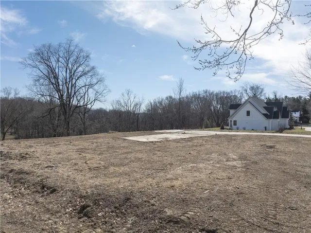 a view of dirt field with large trees