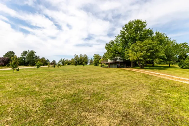 a view of yard with swimming pool and green space