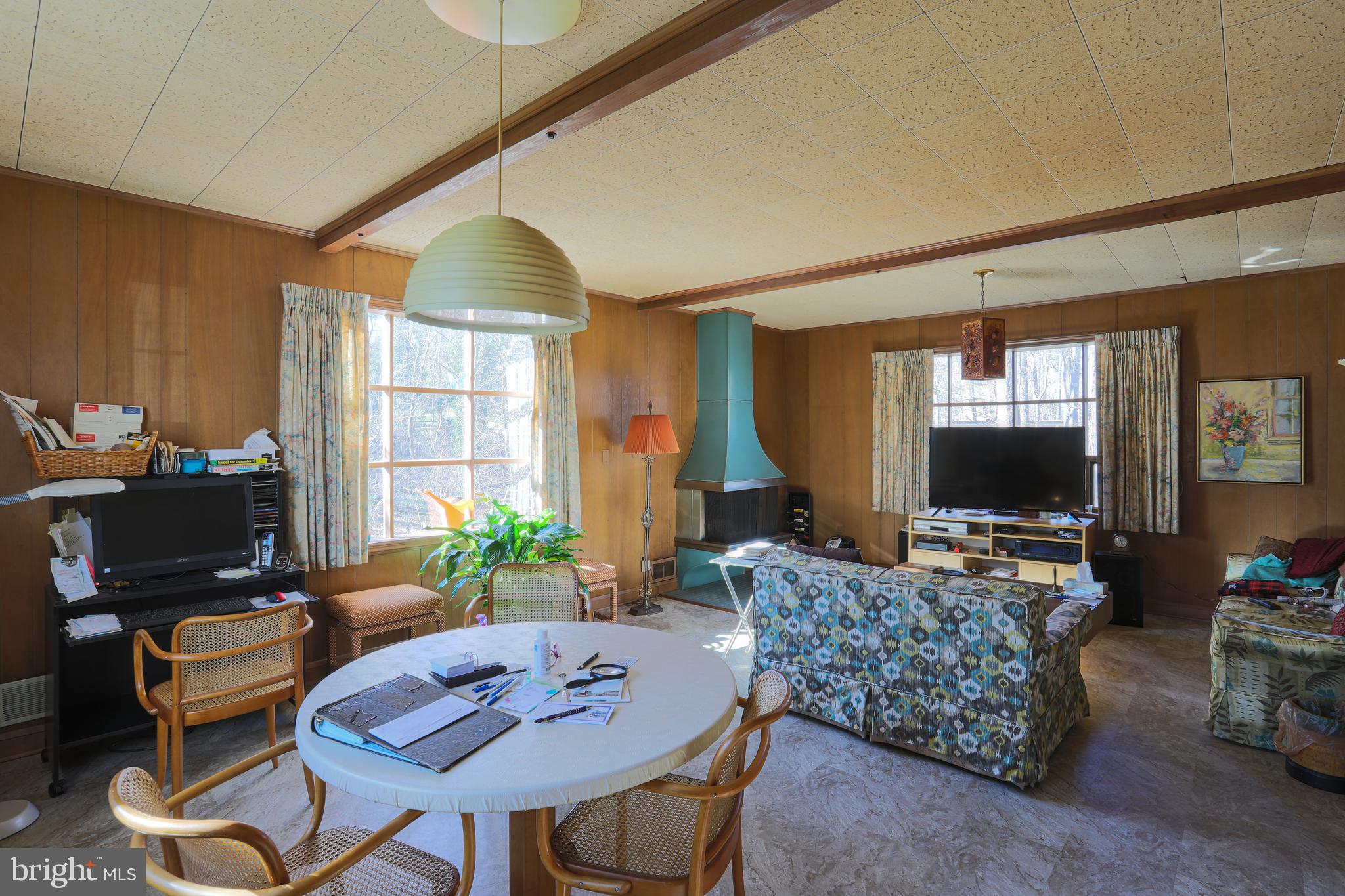 Sunken family room with fireplace