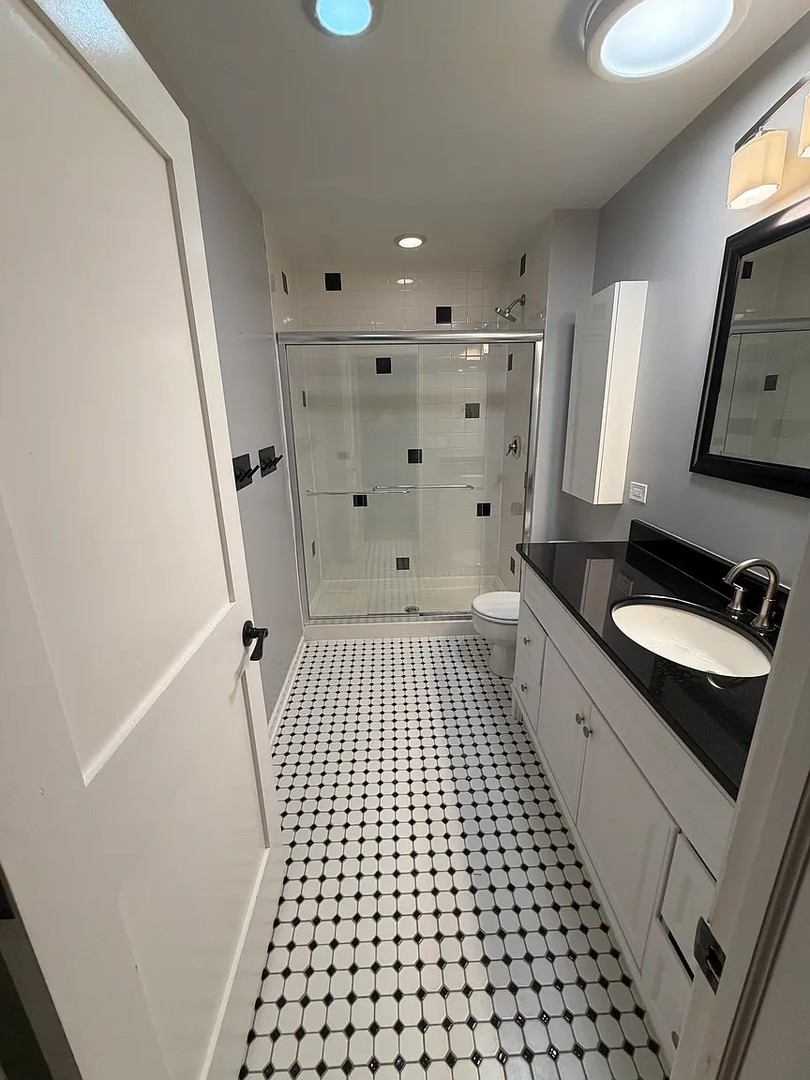 312 North May Street, Unit 4H Chicago, IL 60607 - Photo 11 of 13 a bathroom with a sink a toilet and a mirror