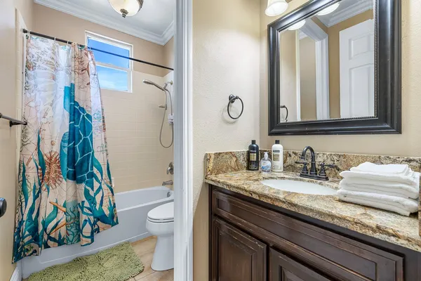a bathroom with a granite countertop sink a toilet and a shower curtain