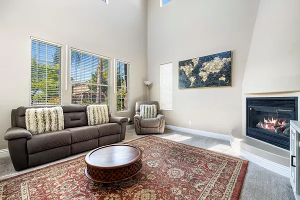 a living room with furniture and a fireplace