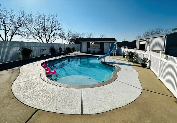 a view of a swimming pool with back yard