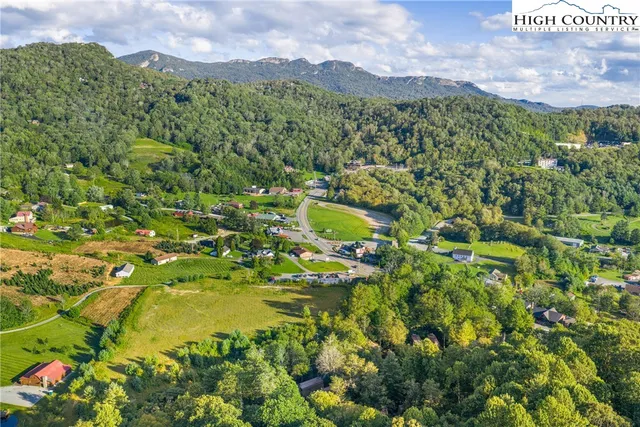 a view of a lush green forest with mountains in the background