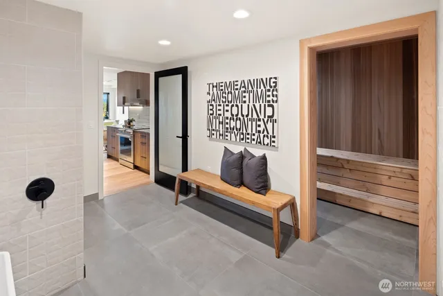 a view of a terrace with a garden and mountain view