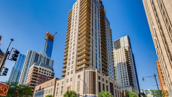 a city view with tall buildings