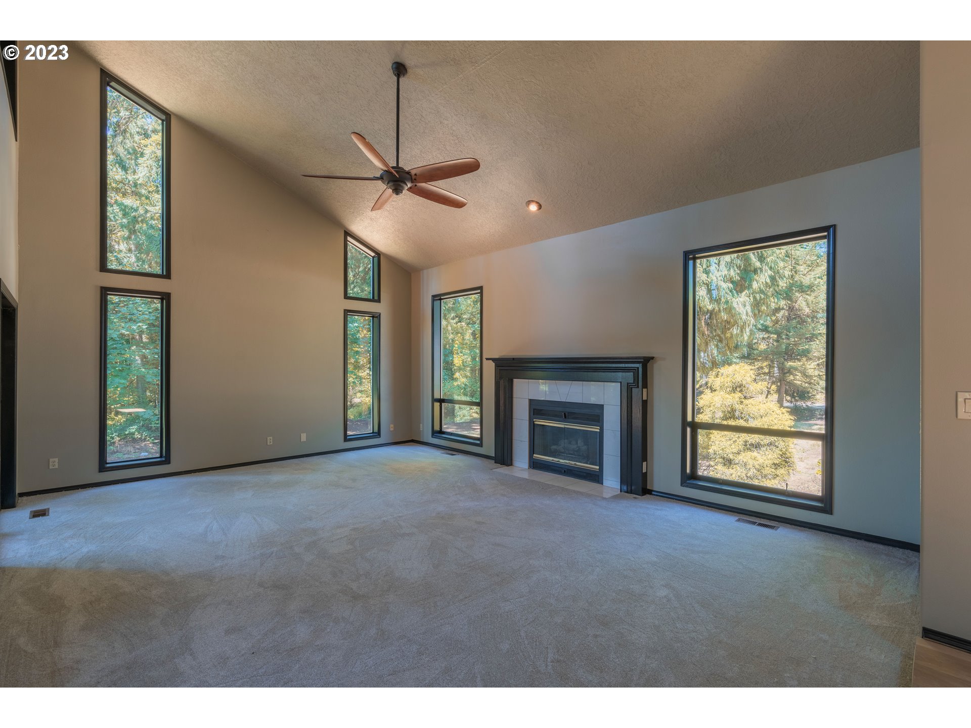 19040 South Mattoon Road Estacada, OR 97023 - Photo 7 of 46 a view of empty room with fireplace fan and windows