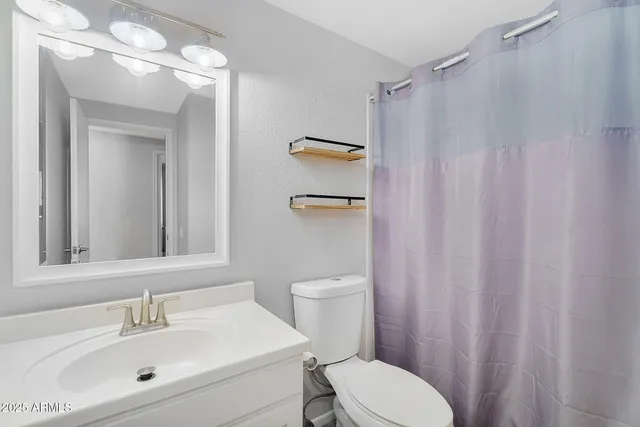 a bathroom with a sink a toilet a mirror and shower curtain