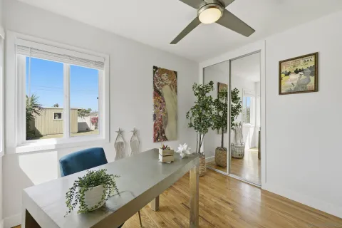 a living room with furniture and a potted plant