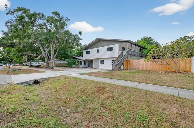 front view of a house with a patio