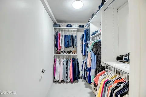 a view of walk in closet with clothes