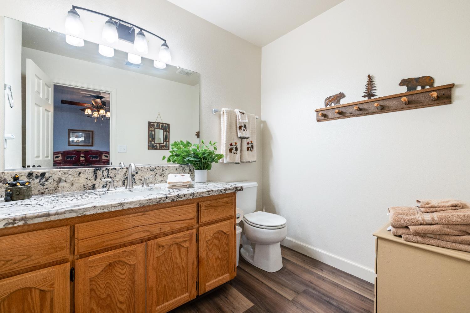 39398 Robin Bass Lake, CA 93604 - Photo 19 of 31 a bathroom with a granite countertop sink a toilet and a mirror