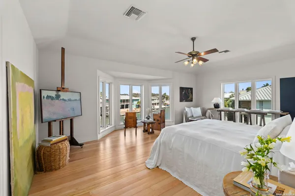 a bedroom with furniture and a wooden floor