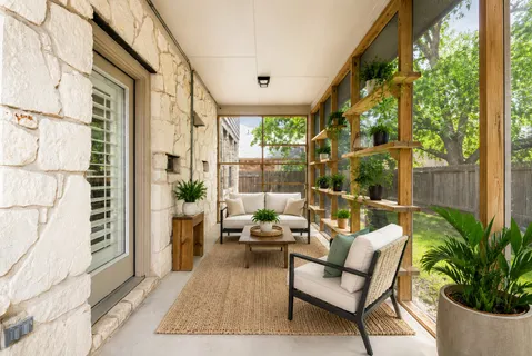 a building outdoor space with patio furniture