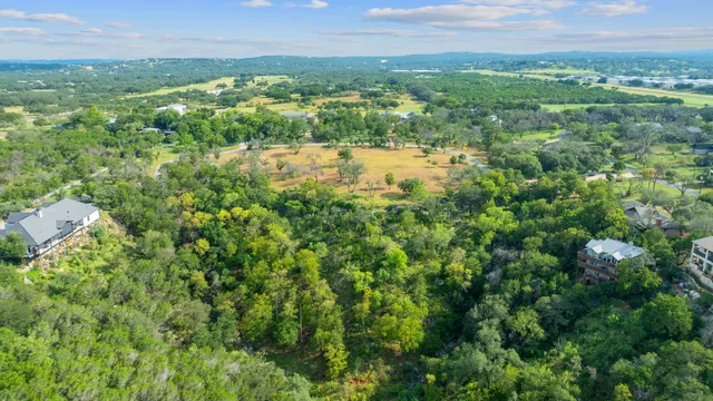 an aerial view of residential houses with outdoor space and trees