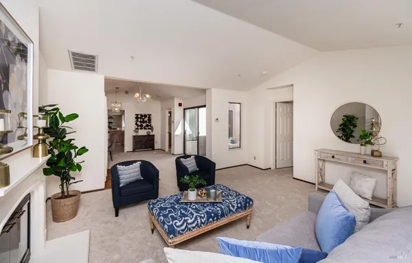 a living room with furniture a potted plant and a lamp
