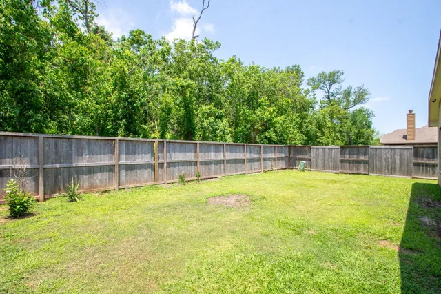 a view of a yard with a large tree and wooden fence