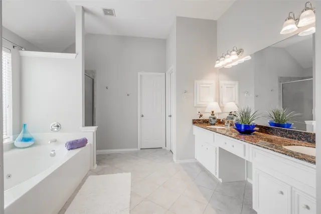 a bathroom with a tub sink and mirror