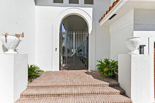 a view of a patio with couches plants and large tree