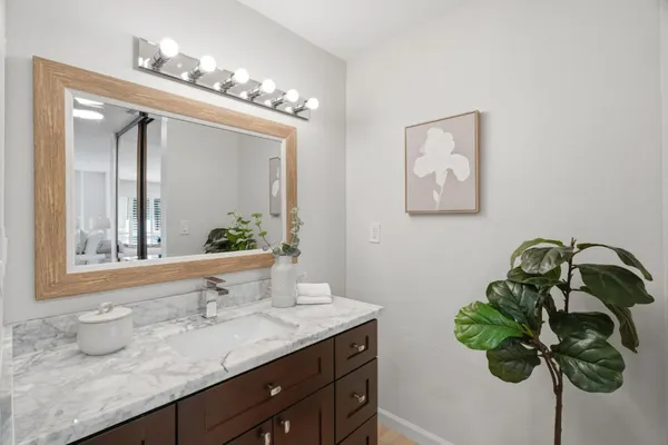 a bathroom with a granite countertop sink a potted plant and a mirror