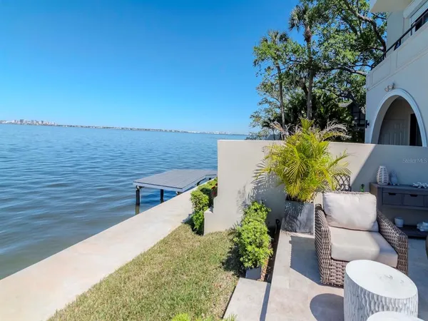 a view of a lake with couches and wooden floor