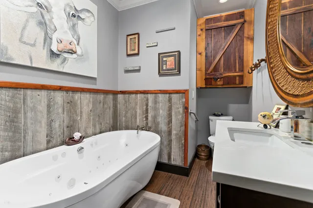 a bathroom with a bathtub a sink and a mirror