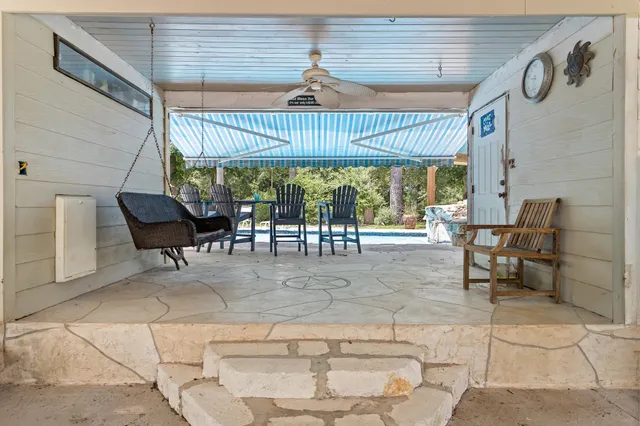 an outdoor space with seating