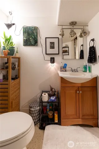 a bathroom with a sink toilet and mirror