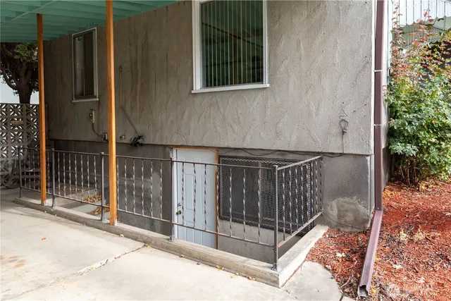 a view of a balcony with door