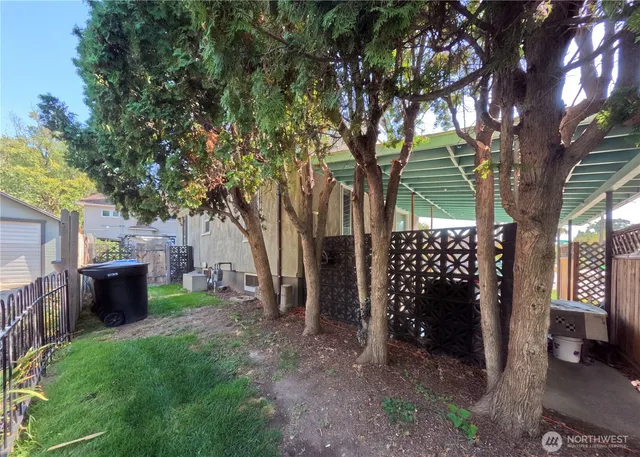 a view of a backyard with large trees