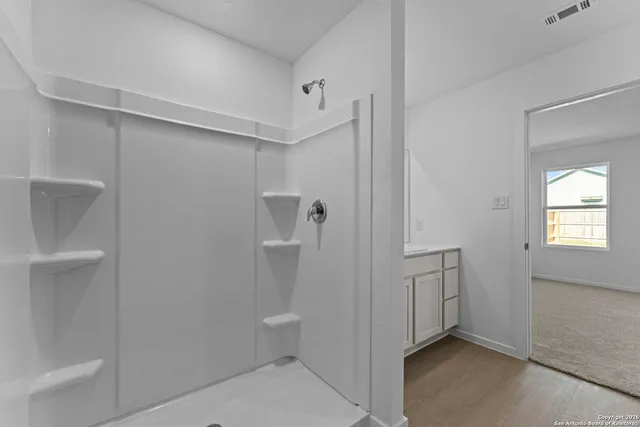 a bathroom with a shower and toilet