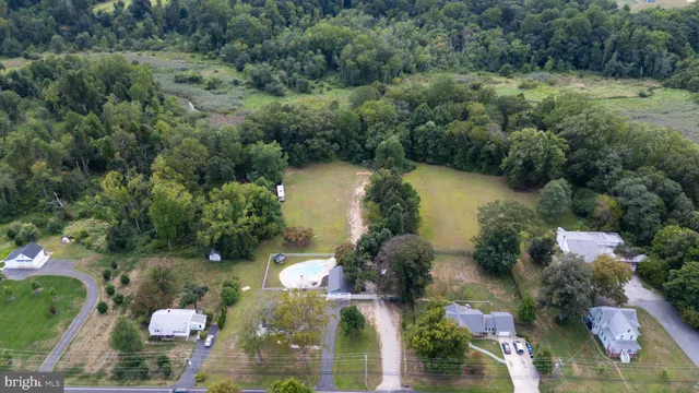 an aerial view of a swimming pool