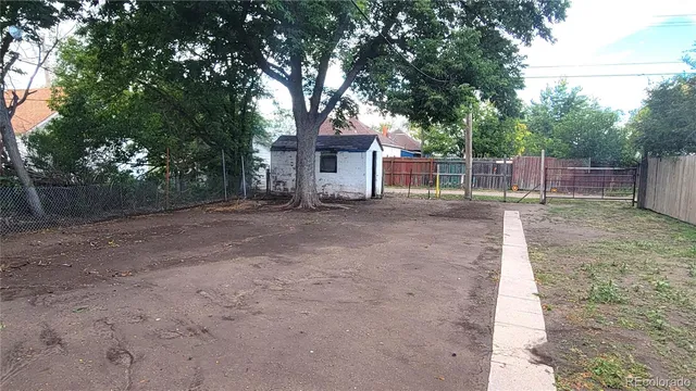 a backyard of a house with plants and large tree