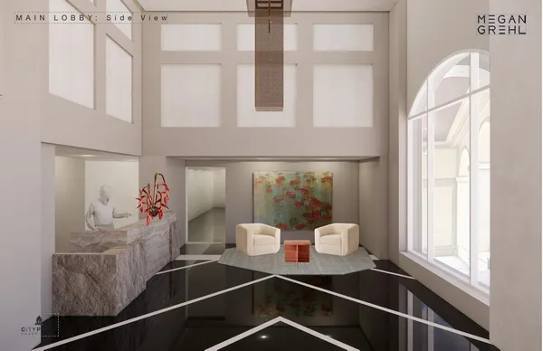 a living room with a bed and a couch