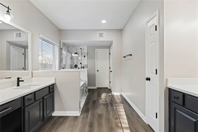 a bathroom with a sink a mirror and a shower