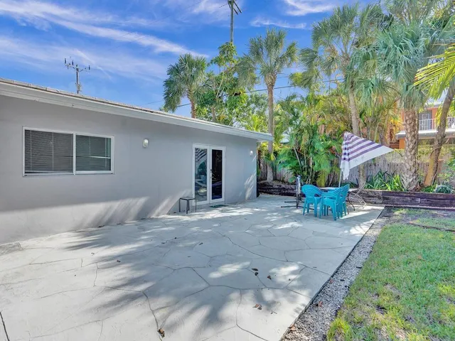 front view of a house with a patio