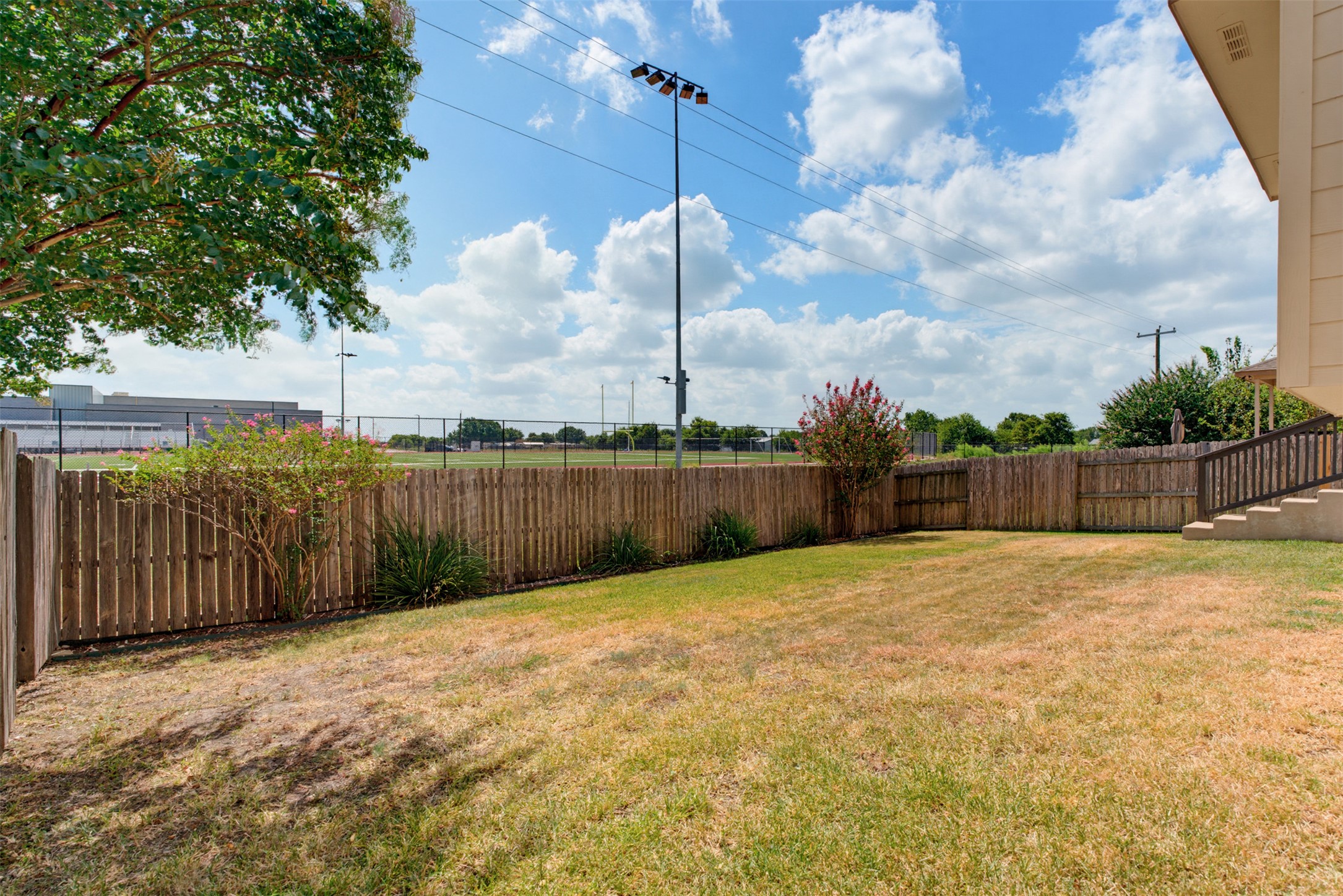6033 Roma Street Round Rock, TX 78665 - Photo 27 of 28 A spacious grassy yard bordered by a wooden privacy fence under a blue sky.